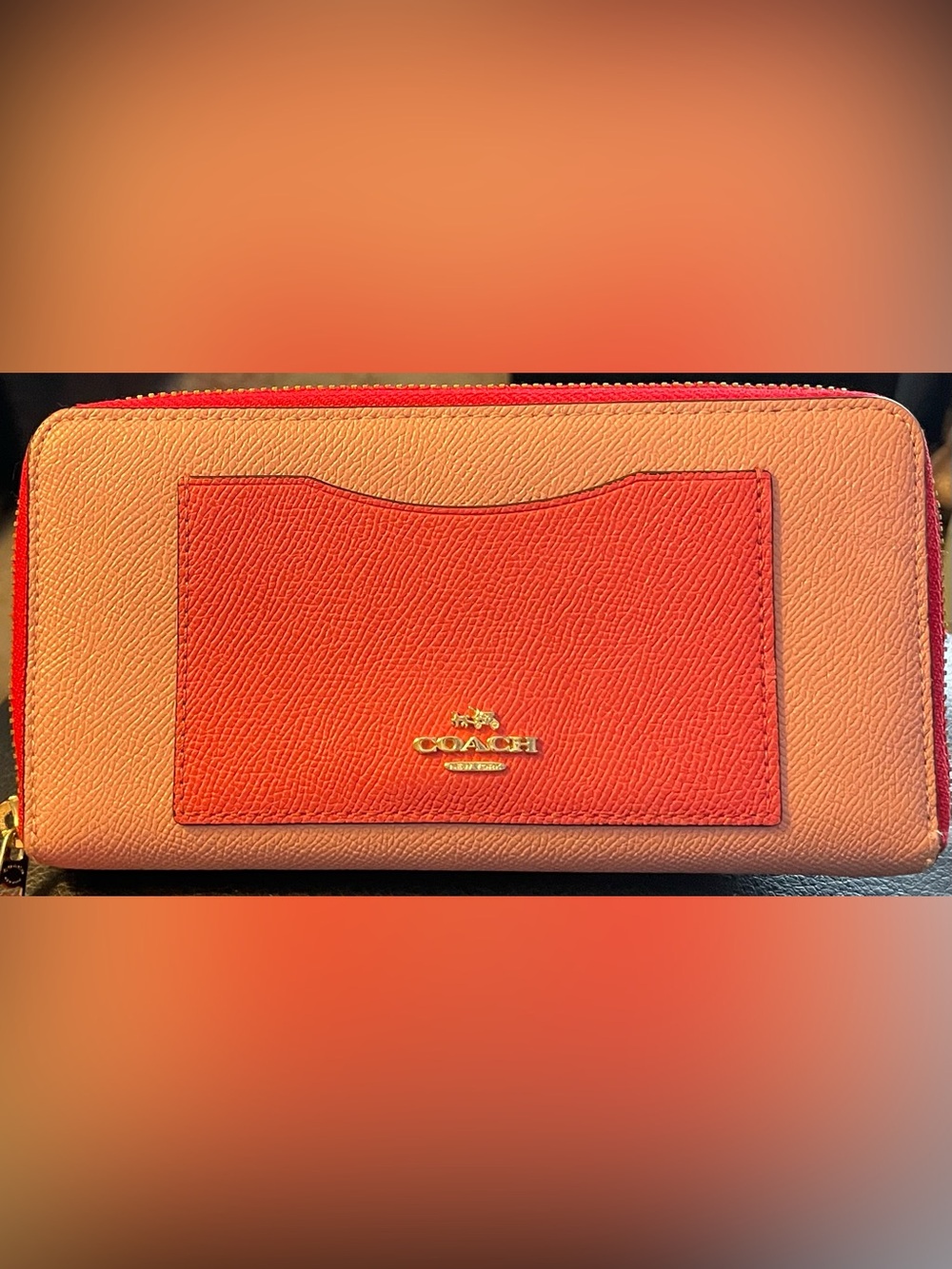 Coach Colorblock Coral & Pink Leather Wallet with Gold Logo